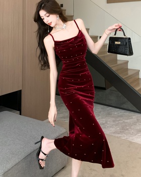 Wine-red beading dress banquet ladies formal dress