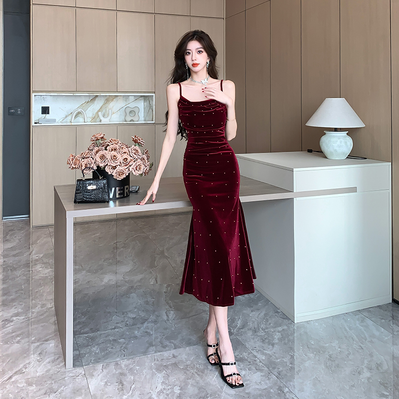 Wine-red beading dress banquet ladies formal dress