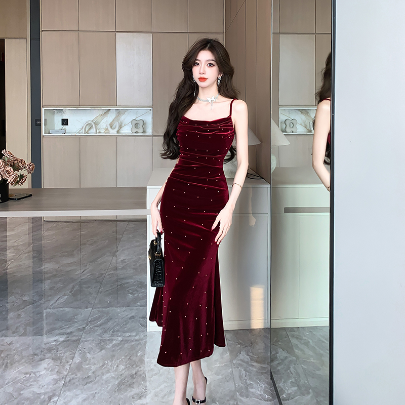 Wine-red beading dress banquet ladies formal dress