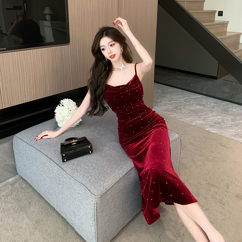 Wine-red beading dress banquet ladies formal dress