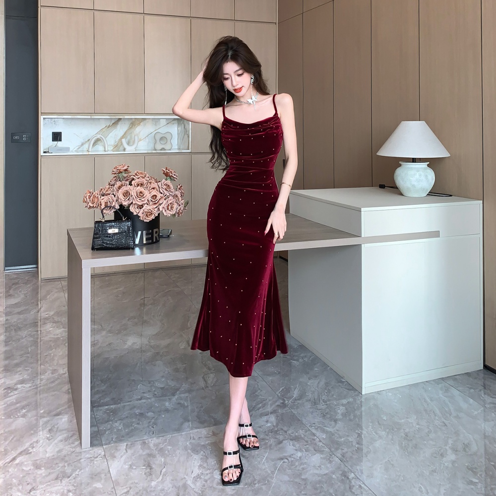 Wine-red beading dress banquet ladies formal dress