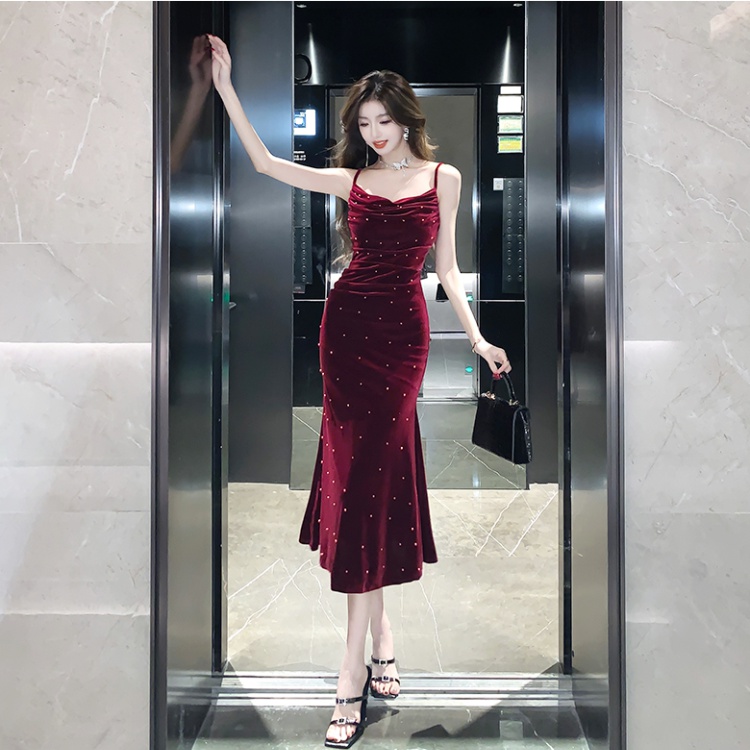 Wine-red beading dress banquet ladies formal dress