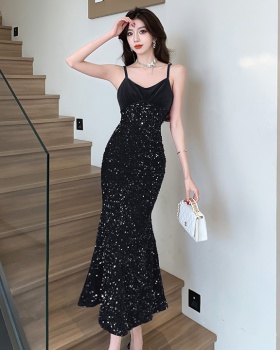 Sequins sling formal dress banquet splice dress