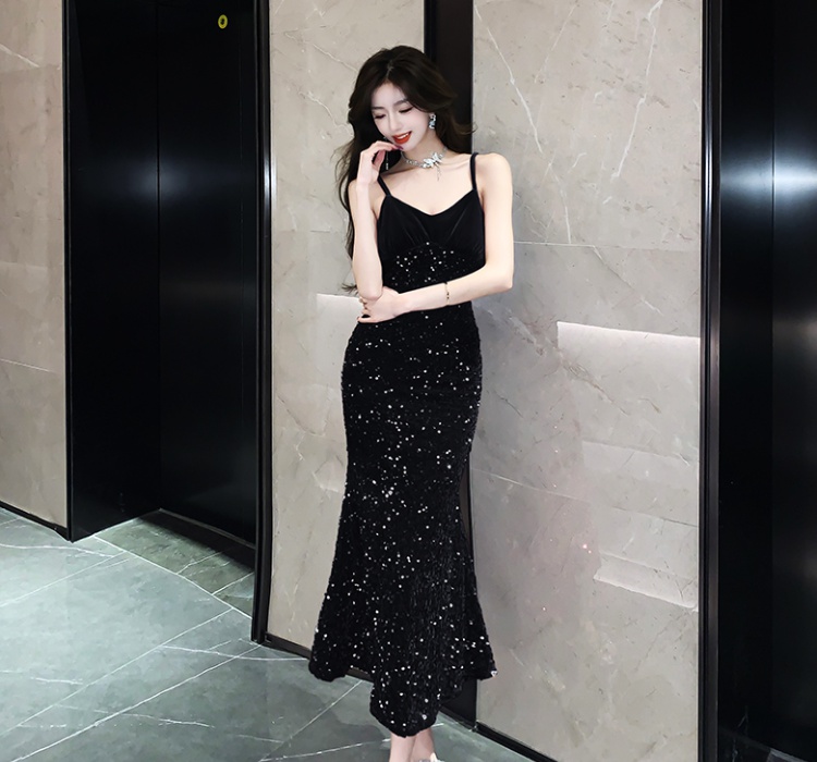 Sequins sling formal dress banquet splice dress