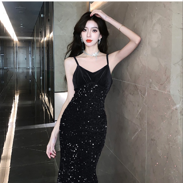 Sequins sling formal dress banquet splice dress