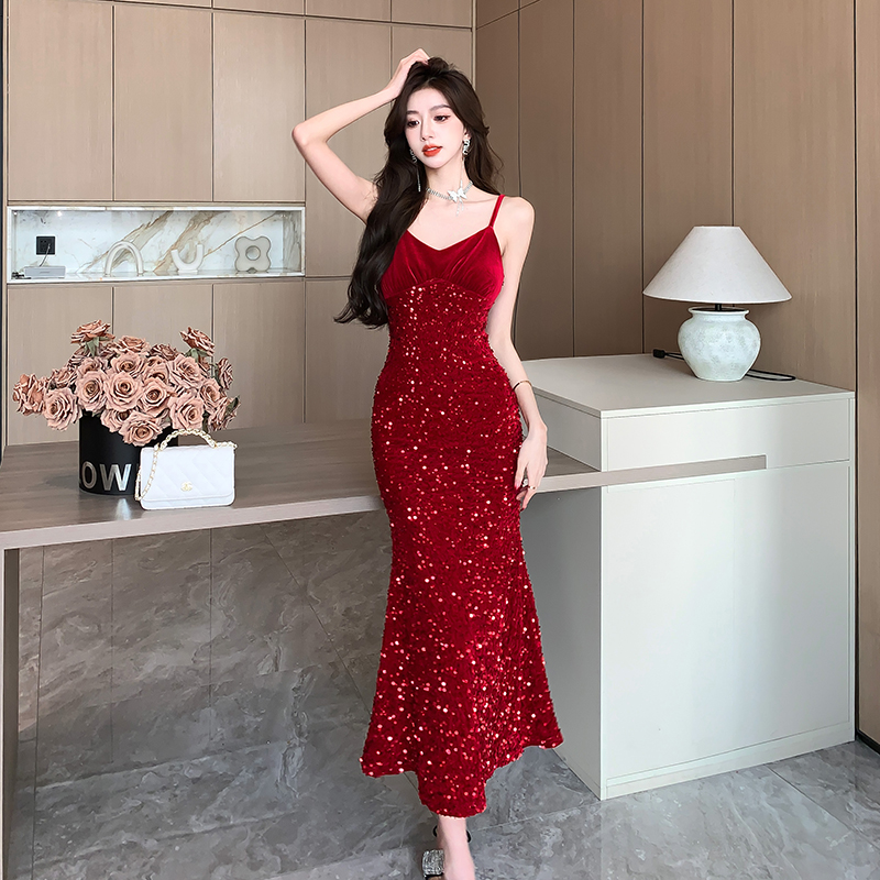 Sequins sling formal dress banquet splice dress