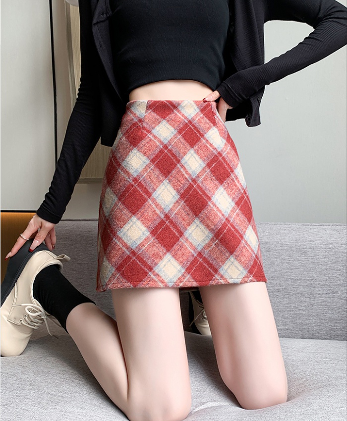 A-line winter all-match short skirt plaid high waist skirt