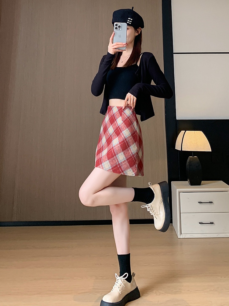 A-line winter all-match short skirt plaid high waist skirt