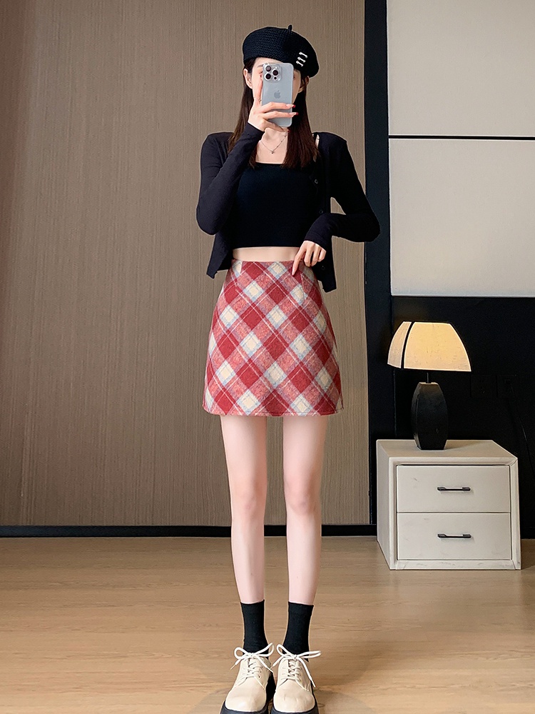 A-line winter all-match short skirt plaid high waist skirt