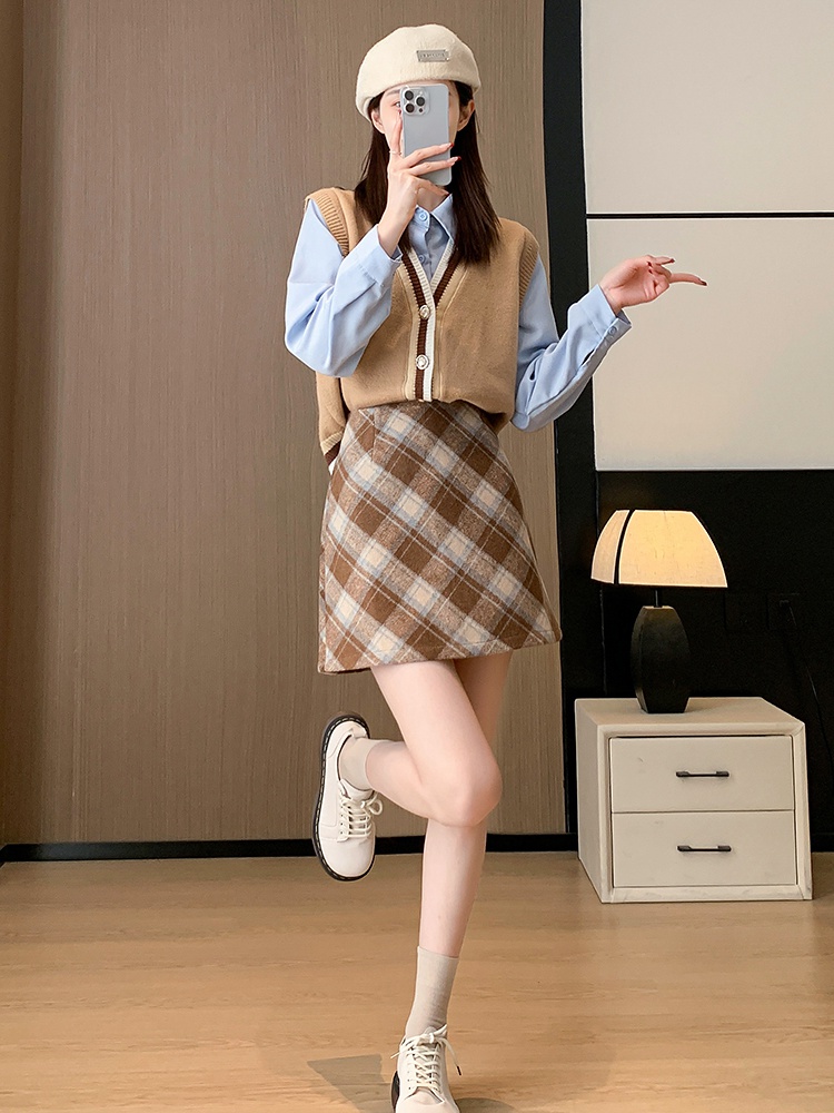 A-line winter all-match short skirt plaid high waist skirt