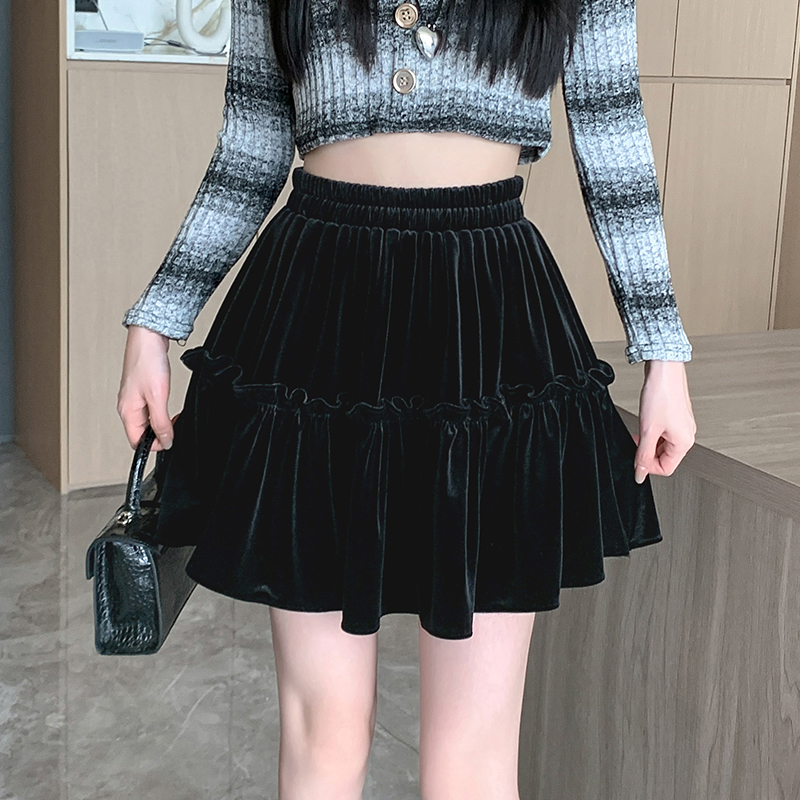 A-line thick and disorderly velvet black skirt for women