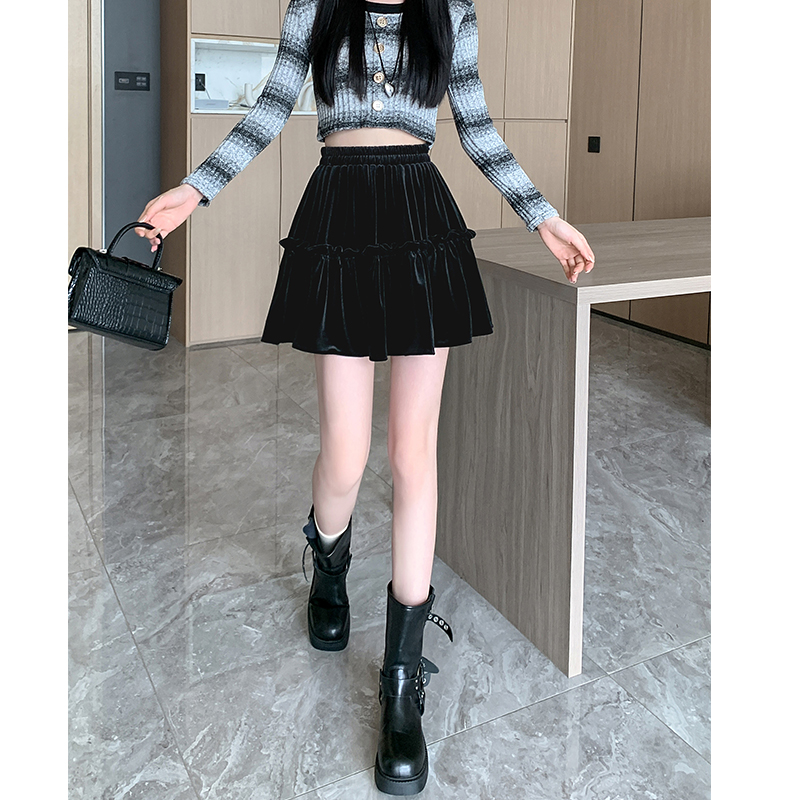 A-line thick and disorderly velvet black skirt for women