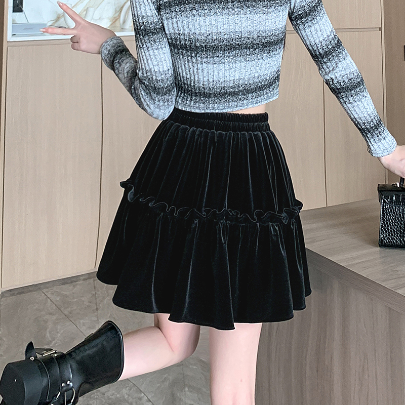 A-line thick and disorderly velvet black skirt for women