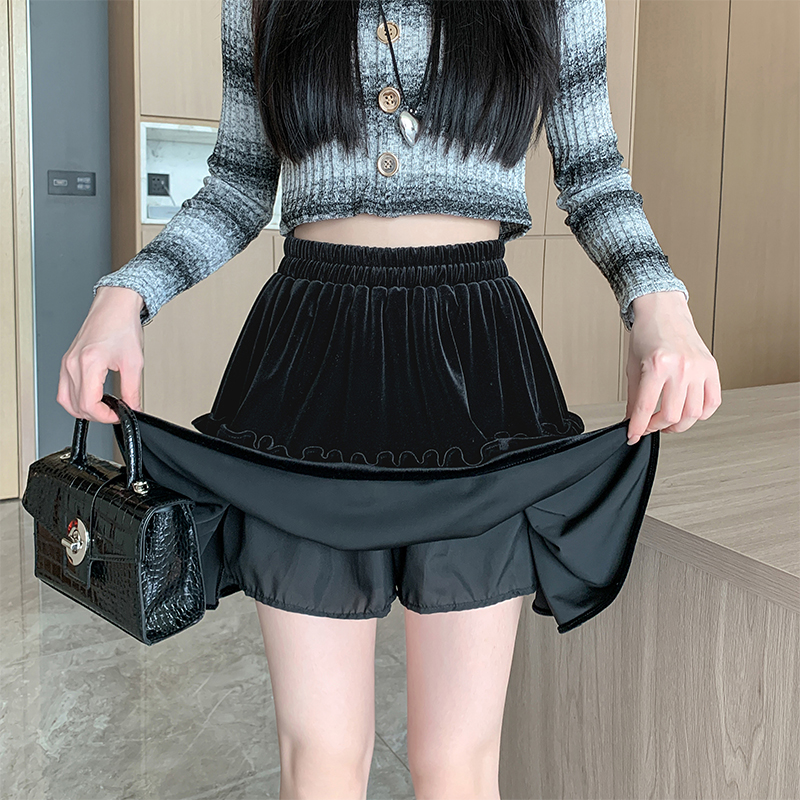 A-line thick and disorderly velvet black skirt for women