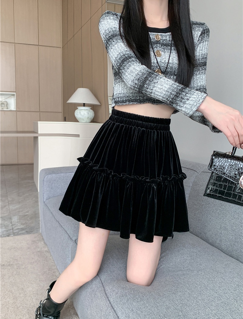 A-line thick and disorderly velvet black skirt for women