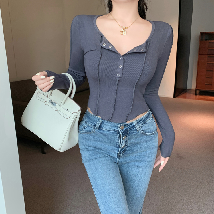 U-neck slim splice tops buckle autumn bottoming shirt