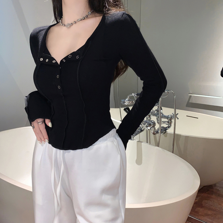 U-neck slim splice tops buckle autumn bottoming shirt