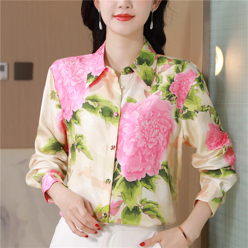 Printing real silk twill shirt fine romantic dazzle tops