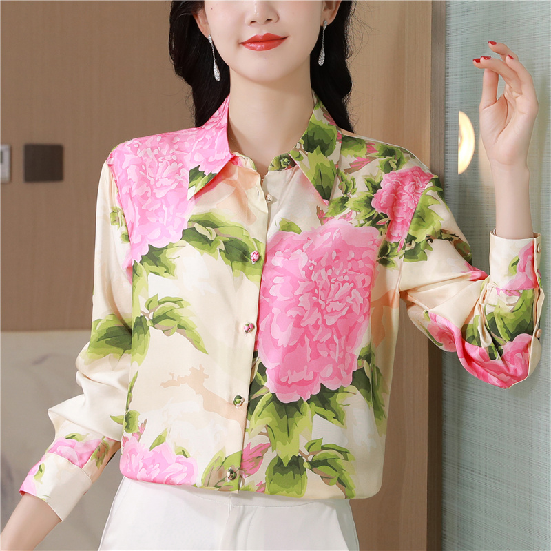 Printing real silk twill shirt fine romantic dazzle tops