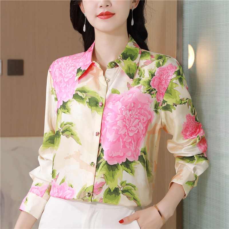 Printing real silk twill shirt fine romantic dazzle tops