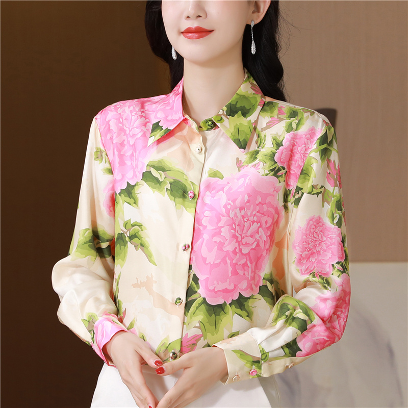 Printing real silk twill shirt fine romantic dazzle tops