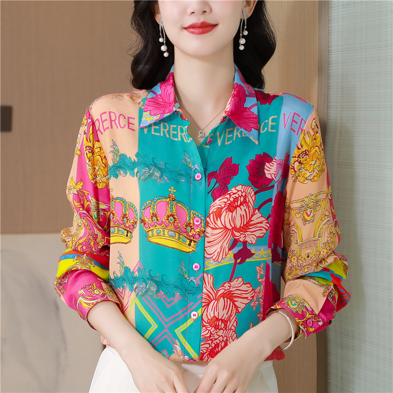 Western style printing shirt silk autumn tops for women