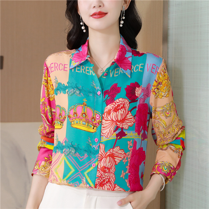 Western style printing shirt silk autumn tops for women