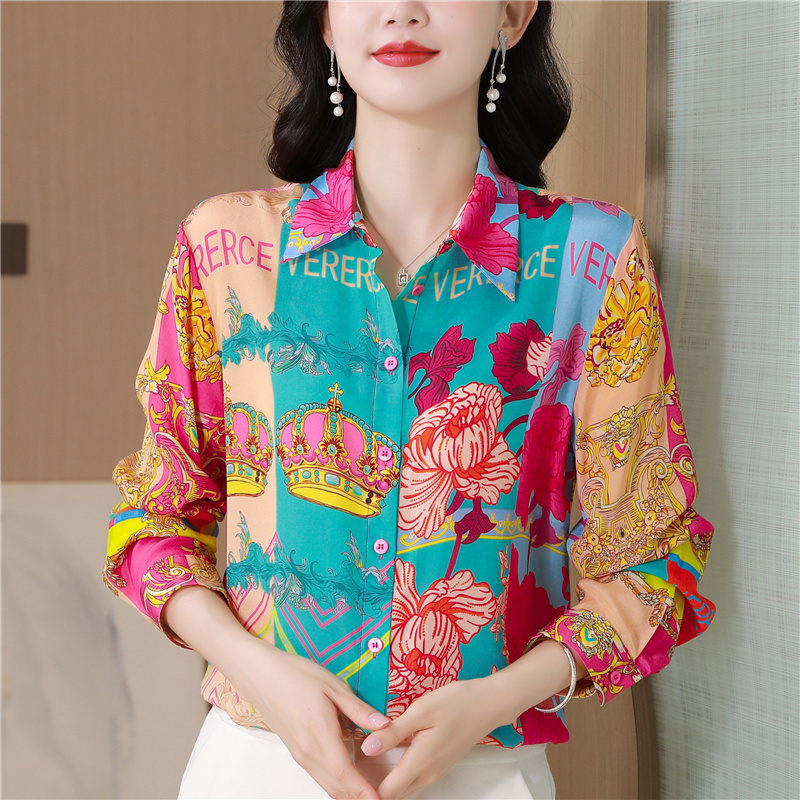 Western style printing shirt silk autumn tops for women