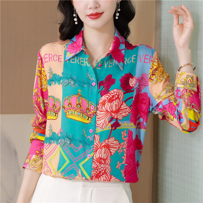 Western style printing shirt silk autumn tops for women