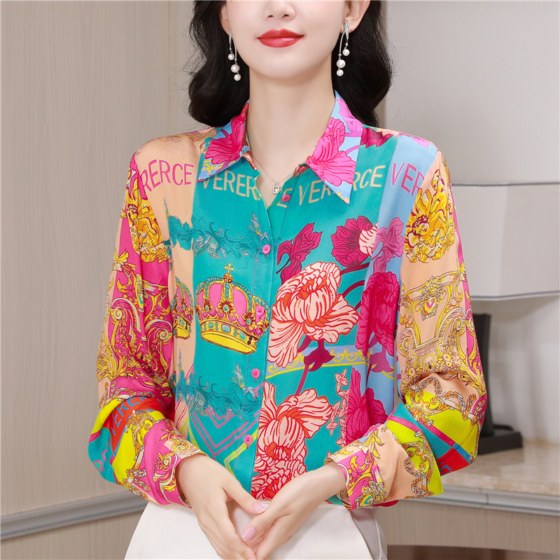 Western style printing shirt silk autumn tops for women