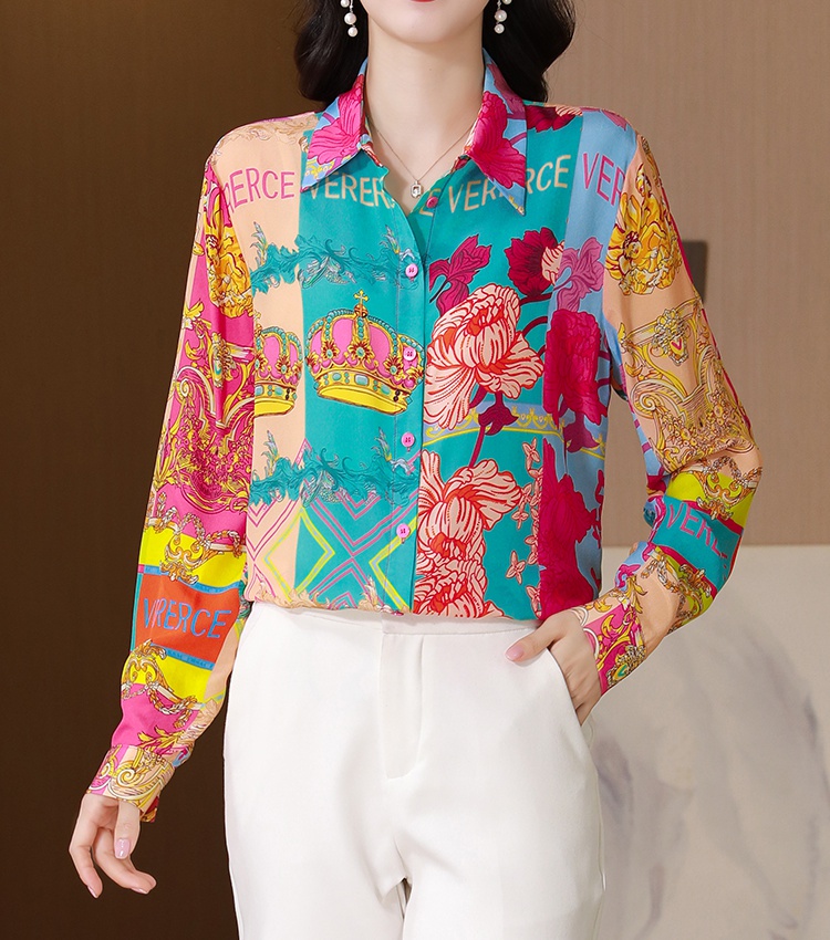 Western style printing shirt silk autumn tops for women