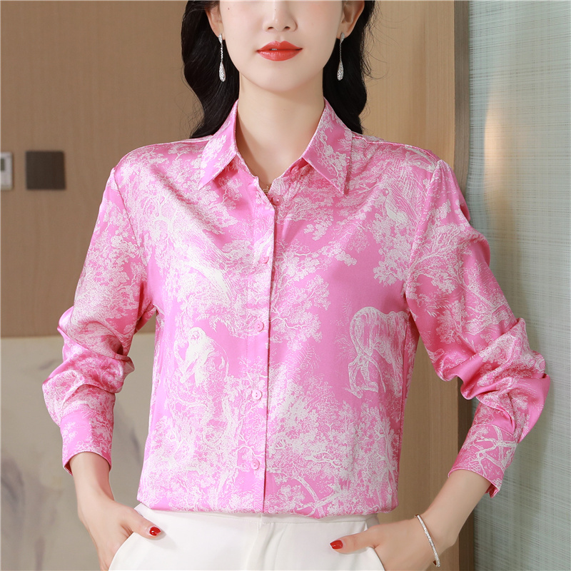 Pink long sleeve twill real silk maiden floral shirt