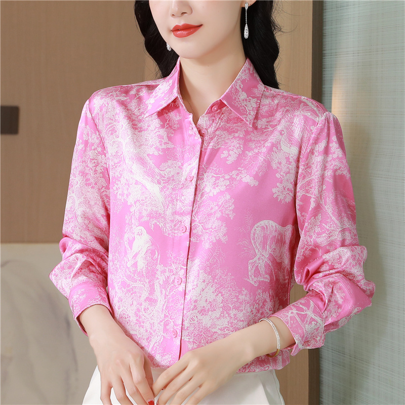 Pink long sleeve twill real silk maiden floral shirt