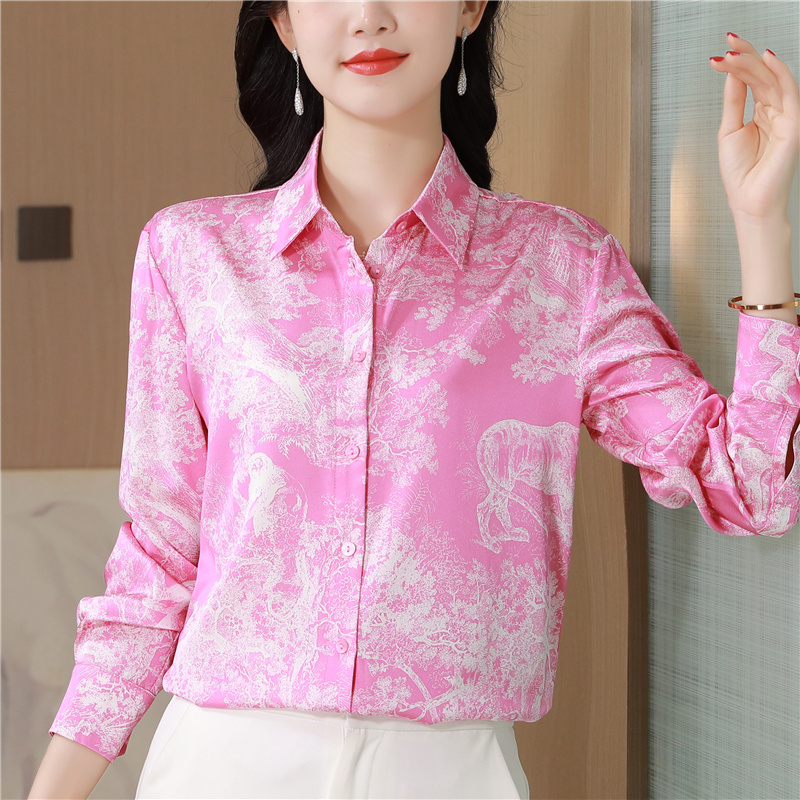 Pink long sleeve twill real silk maiden floral shirt