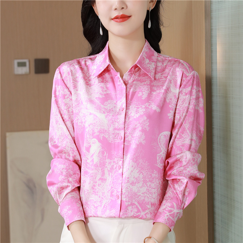 Pink long sleeve twill real silk maiden floral shirt