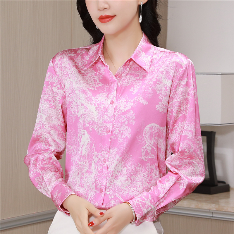 Pink long sleeve twill real silk maiden floral shirt