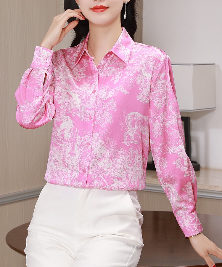 Pink long sleeve twill real silk maiden floral shirt