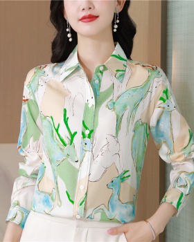 Printing light fawn thin autumn real silk silk shirt