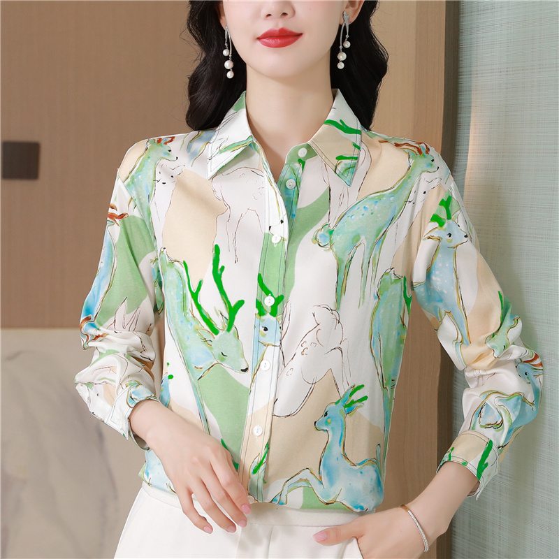 Printing light fawn thin autumn real silk silk shirt