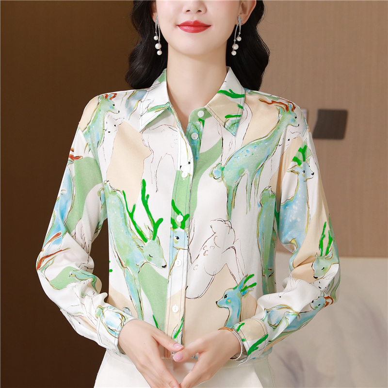 Printing light fawn thin autumn real silk silk shirt