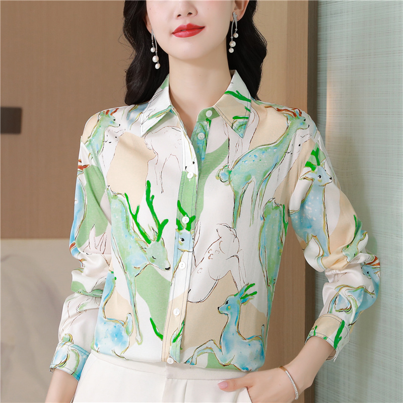 Printing light fawn thin autumn real silk silk shirt