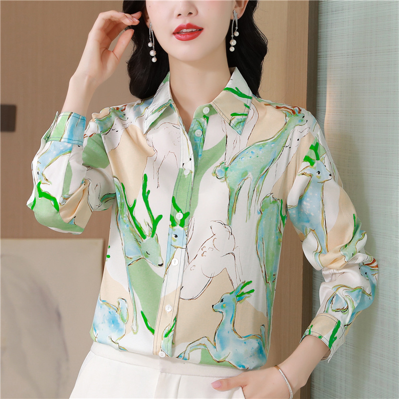 Printing light fawn thin autumn real silk silk shirt