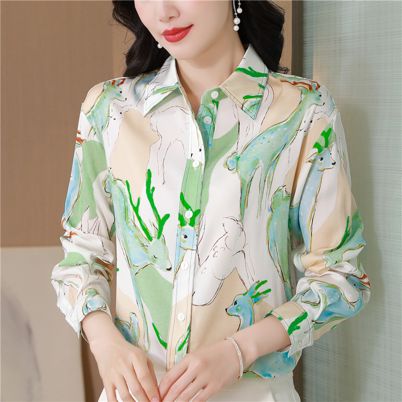 Printing light fawn thin autumn real silk silk shirt