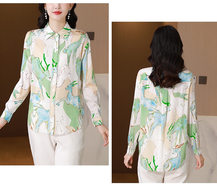 Printing light fawn thin autumn real silk silk shirt