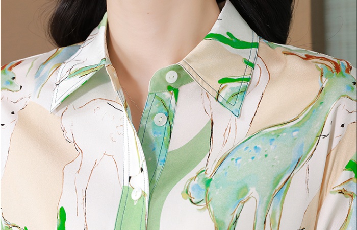 Printing light fawn thin autumn real silk silk shirt