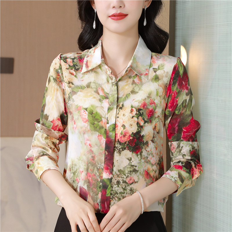 Autumn and winter silk real silk tops rose long sleeve shirt