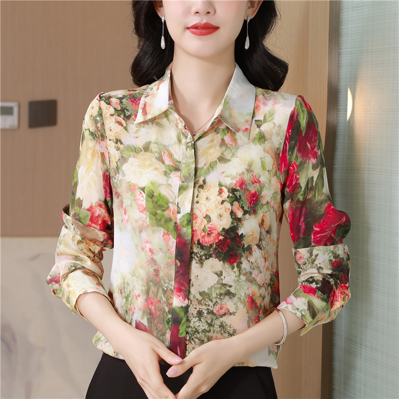 Autumn and winter silk real silk tops rose long sleeve shirt