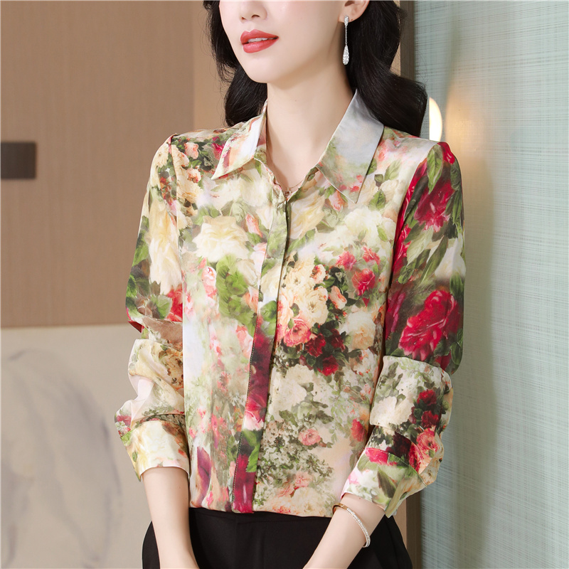 Autumn and winter silk real silk tops rose long sleeve shirt