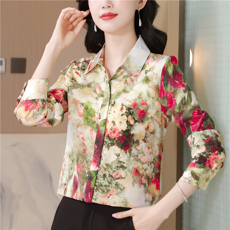 Autumn and winter silk real silk tops rose long sleeve shirt