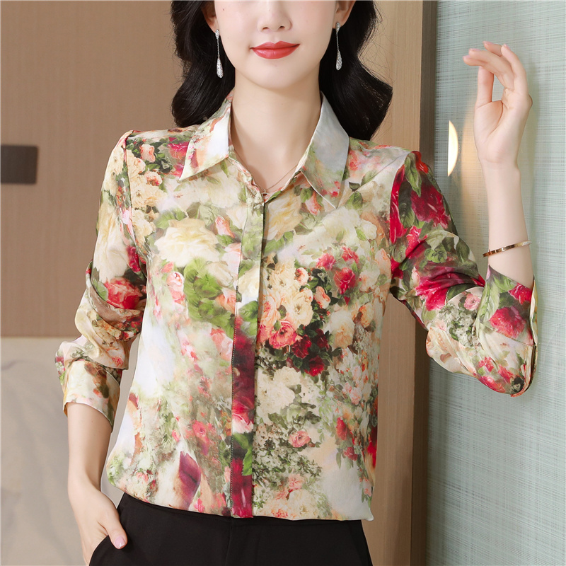 Autumn and winter silk real silk tops rose long sleeve shirt